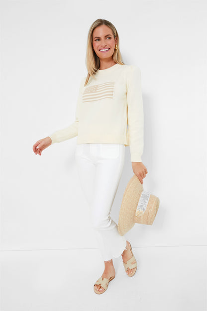 Ivory and Sandstone Cropped Puff Sleeve Americana Sweater