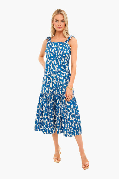 Blue Hibiscus Drop Waist Shoulder Tie Dress