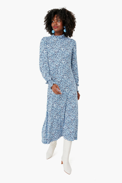 Blue Knit Turtleneck Dress in Square Geo