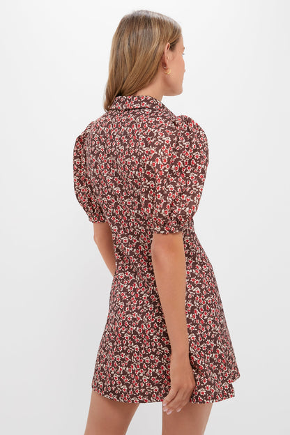 Brown & Red Floral Corduroy Front Zip Mini Dress