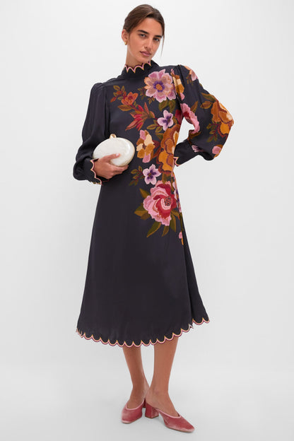 Black Chenille Flowers Midi Dress