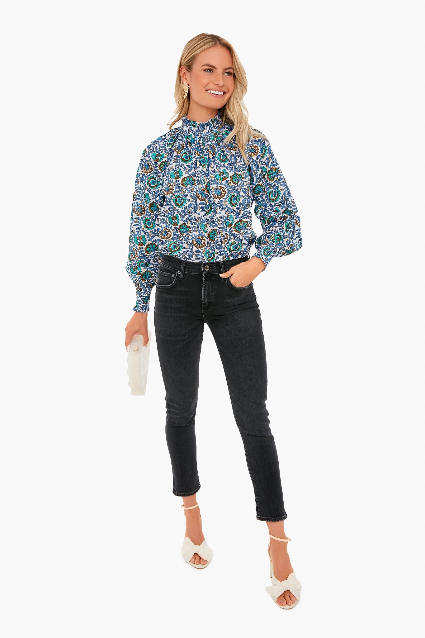 Gold Lurex Dot Napa Blue High Neck Top