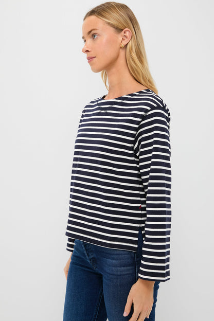 Navy and White Boat Neck Long Sleeve Shirt