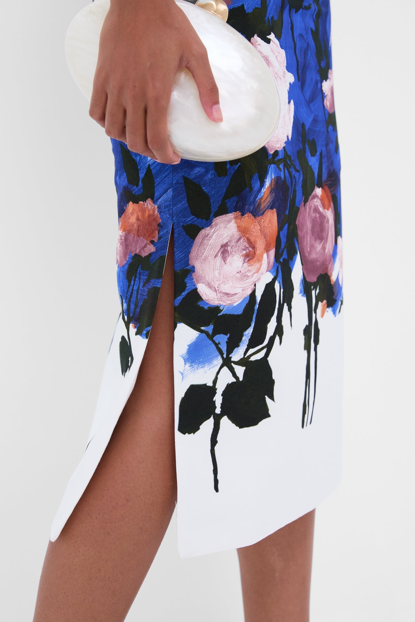 Brushstroke Rose Cobalt Blue Sleeveless Pencil Midi Dress