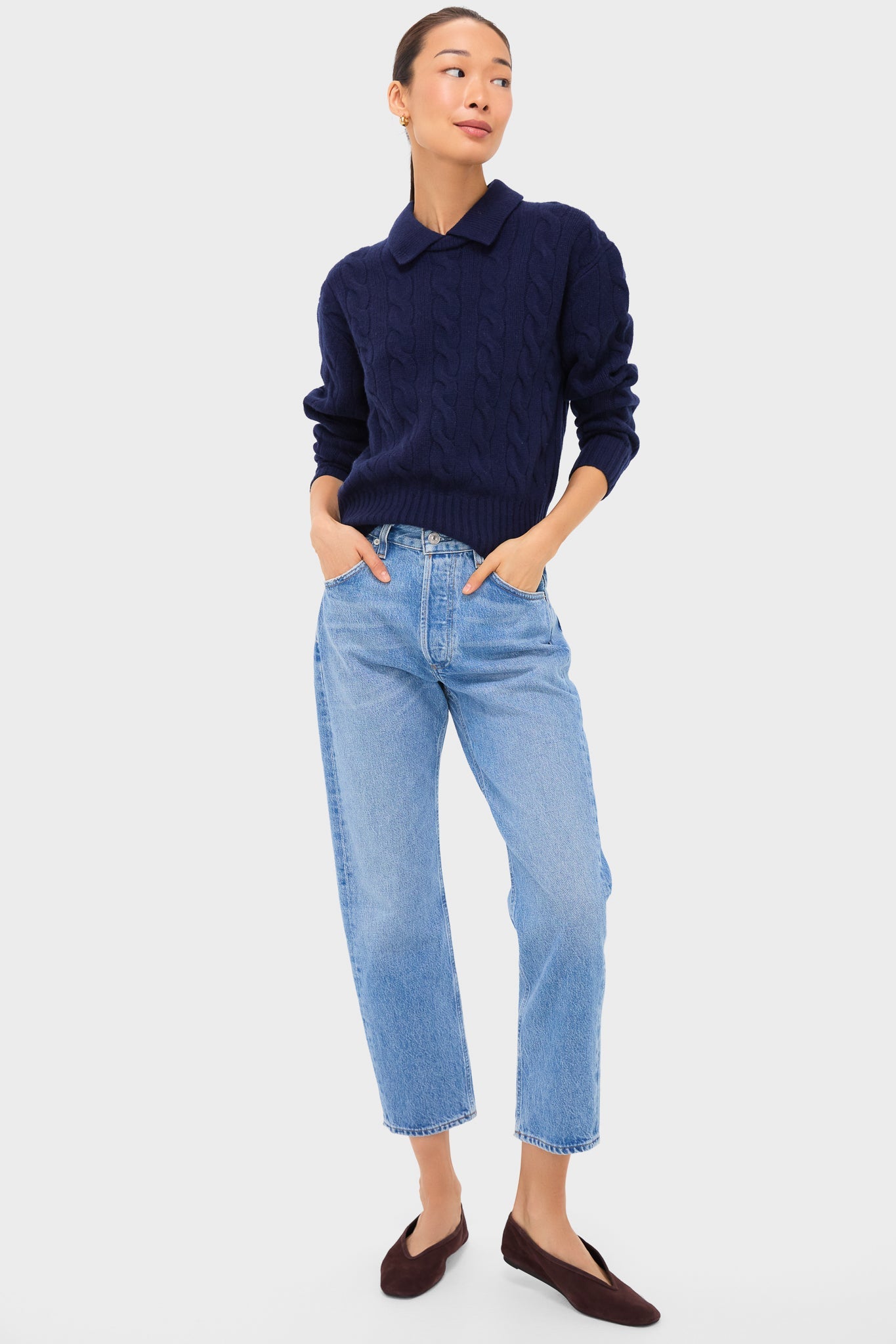 Hunter Navy Long Sleeve Collared Pullover Sweater