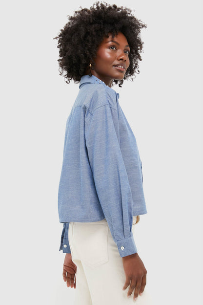 Chambray Denim Embellished Cropped Jasper Button Down
