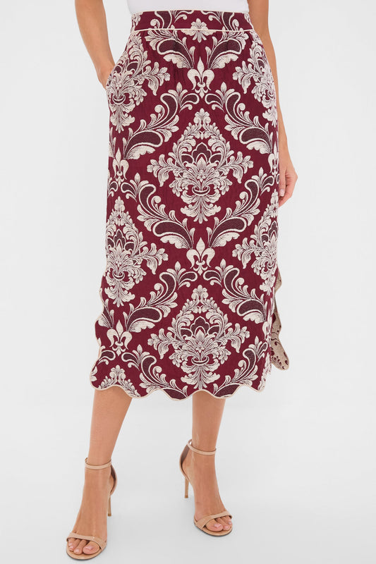 Blush Pink and Burgundy Bicolor Jacquard Waves Midi Skirt