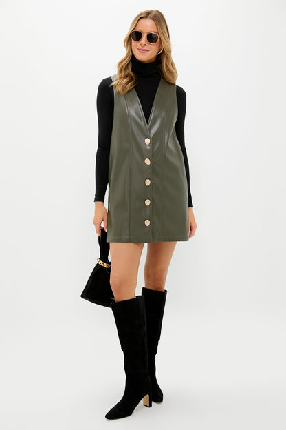 Olive Faux Leather Pinafore Dress