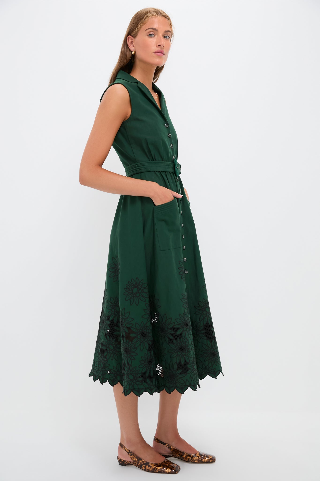 Pine Green Embroidered Kirat Midi Dress