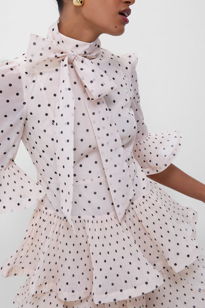 Cream and Black Polka Dot Pleated Sleeved Mini Dress