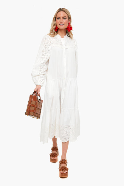White Vienne Eyelet Long Sleeve Shirt Dress