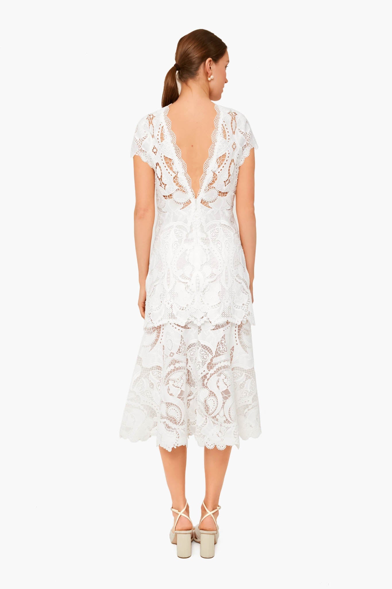 White Laura Guipure Lace Cap Sleeve Midi Dress