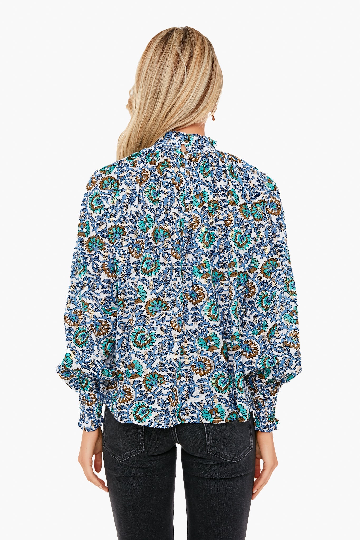 Gold Lurex Dot Napa Blue High Neck Top