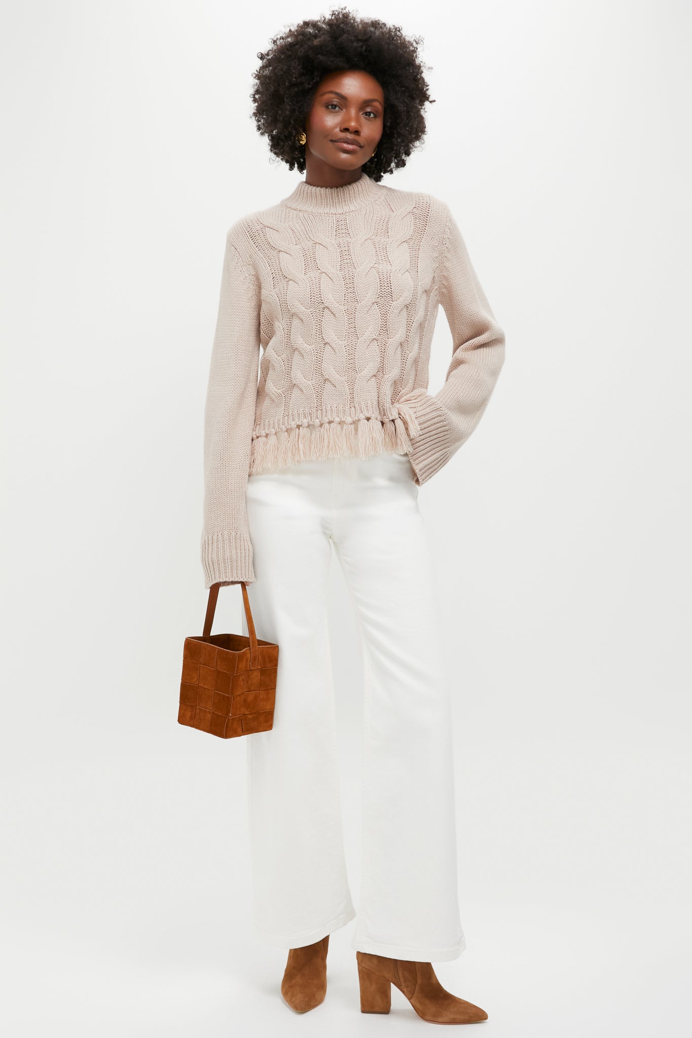 Taupe Fringe Cable Knit Carly Sweater