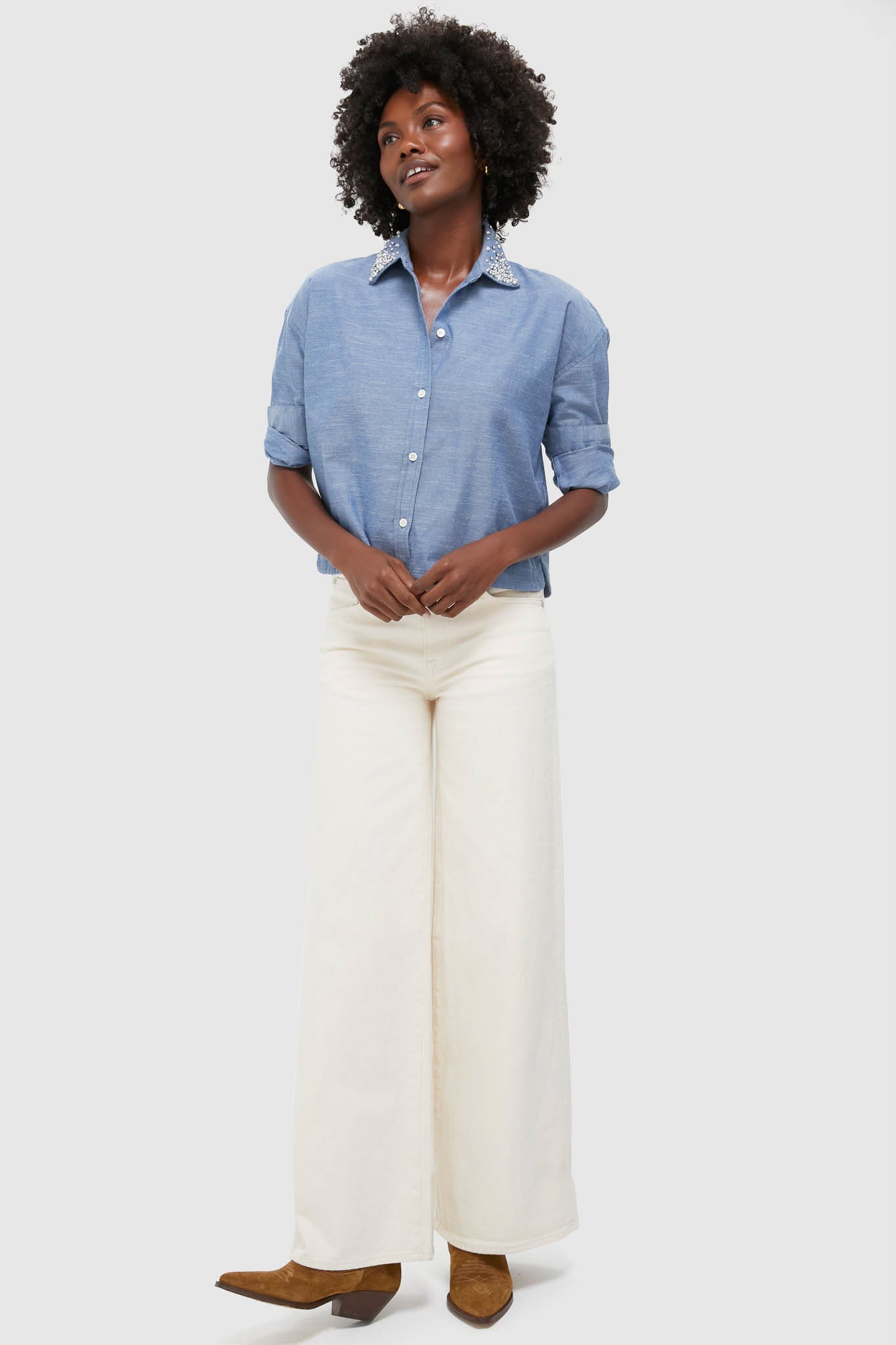 Chambray Denim Embellished Cropped Jasper Button Down