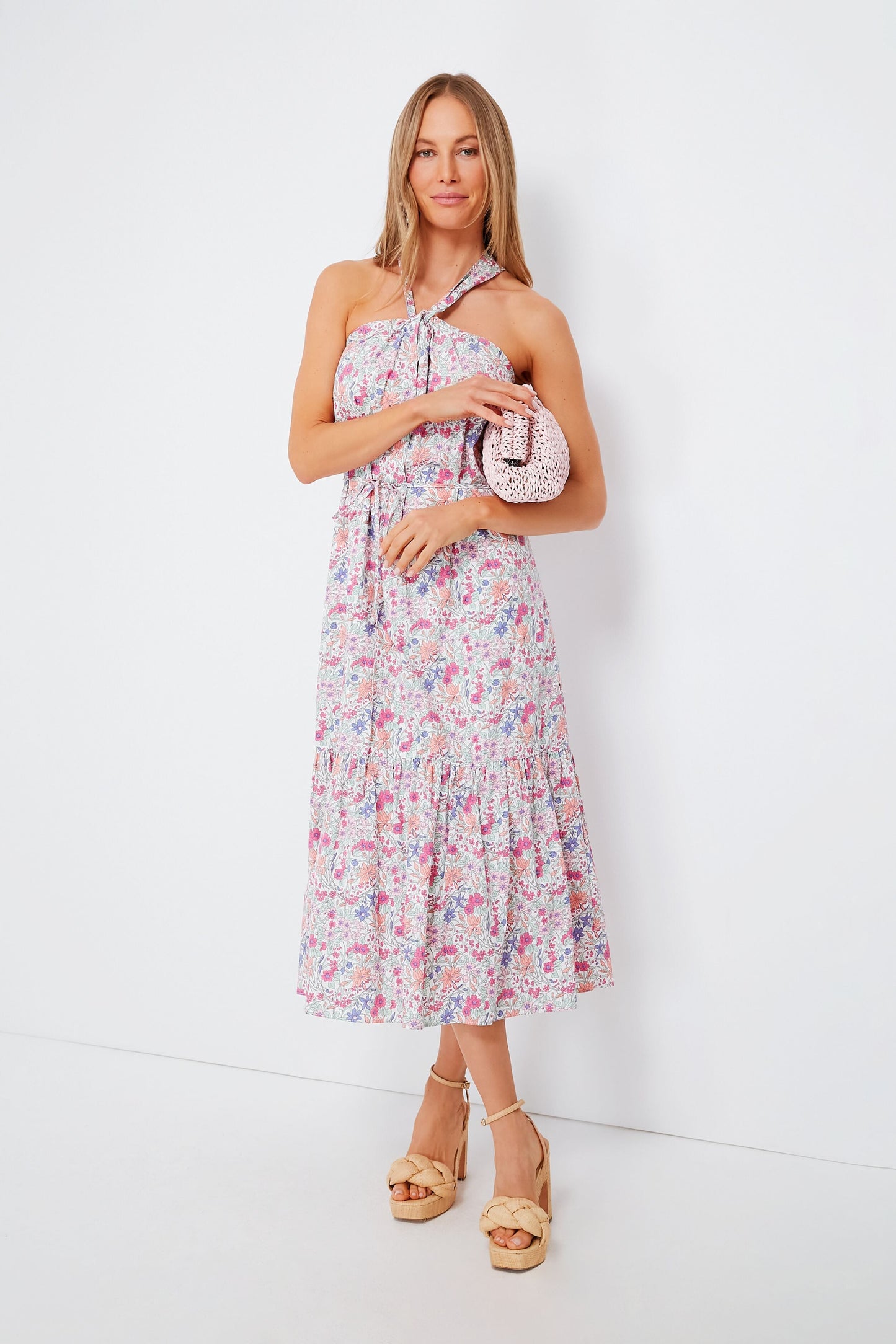 Pink Halter Neck Floral Medouie Midi Dress