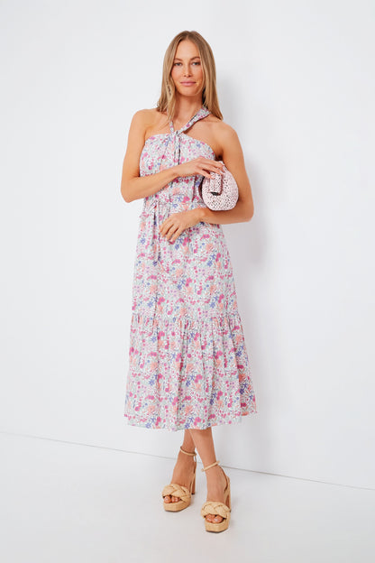 Pink Halter Neck Floral Medouie Midi Dress