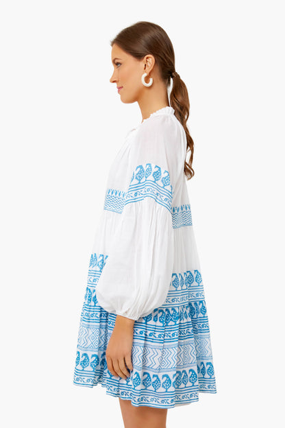 Santorini Blue Balloon Sleeve Short Dress