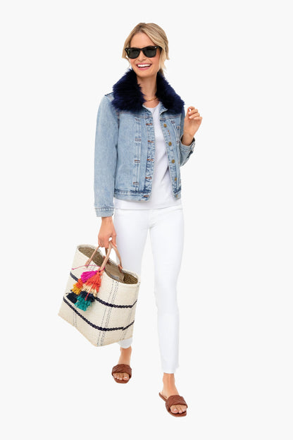 Denim Jacket With Removable Navy Fur Collar