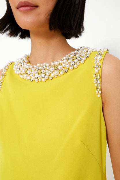 Chartreuse Jeweled Crepe Shift Dress