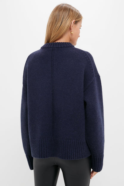 Navy Genevieve Cashmere Wool Blend Crewneck Sweater