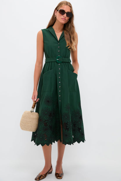 Pine Green Embroidered Kirat Midi Dress