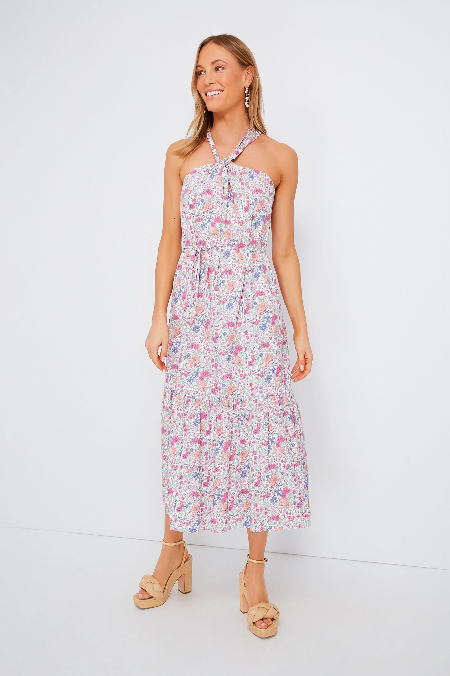 Pink Halter Neck Floral Medouie Midi Dress