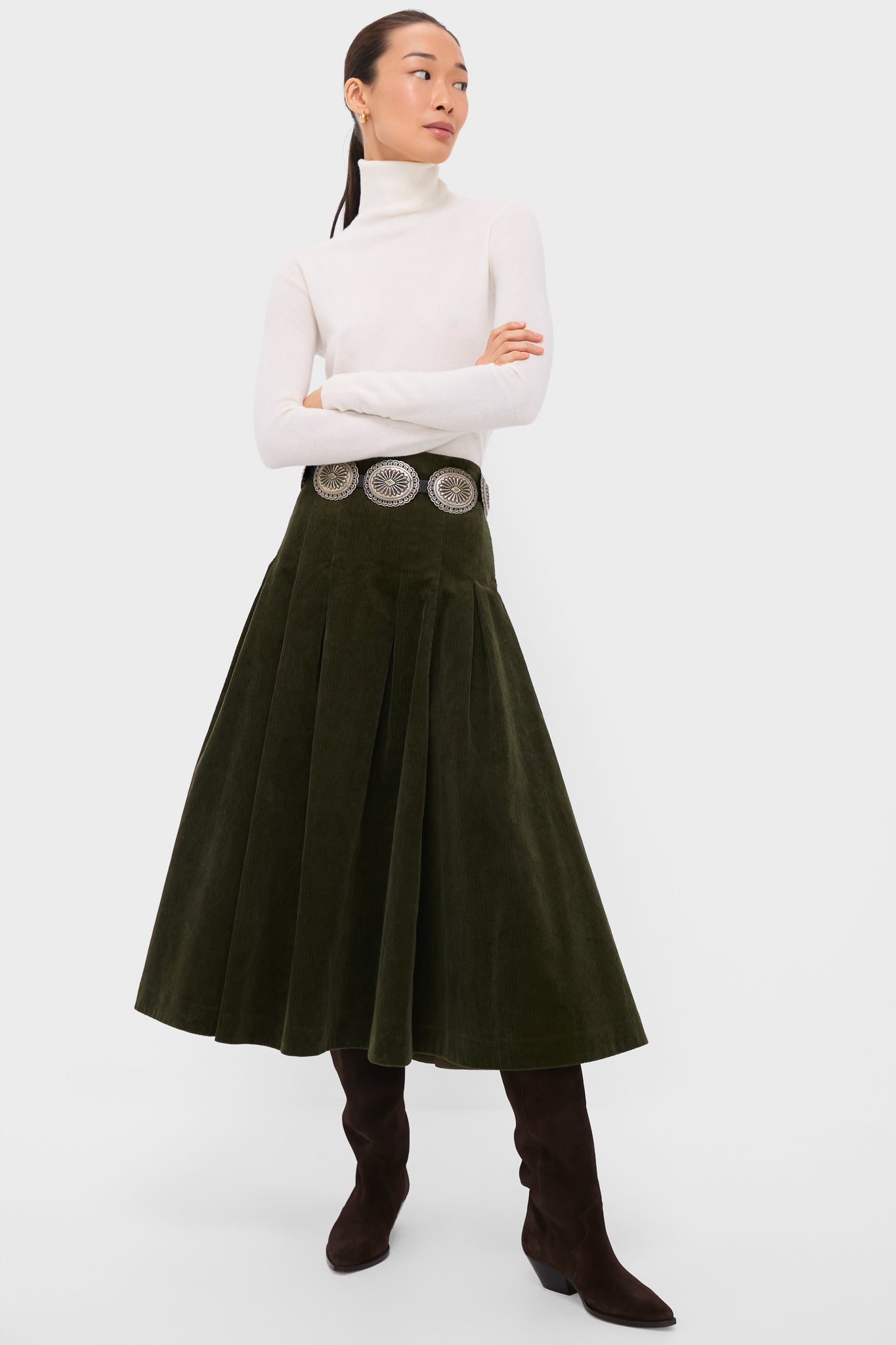 Olive Cord Woven Knee A-Line Skirt