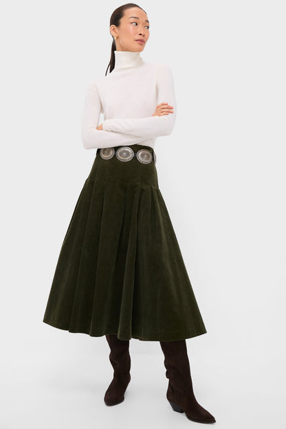 Olive Cord Woven Knee A-Line Skirt