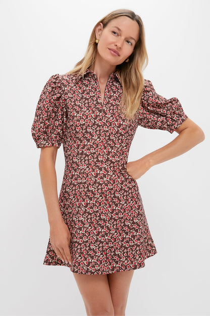 Brown & Red Floral Corduroy Front Zip Mini Dress