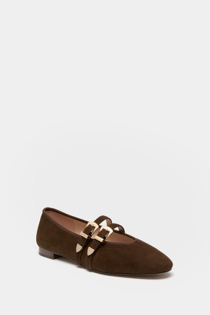 Chocolate Suede Buckle Nina Flats