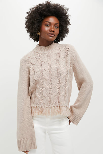 Taupe Fringe Cable Knit Carly Sweater