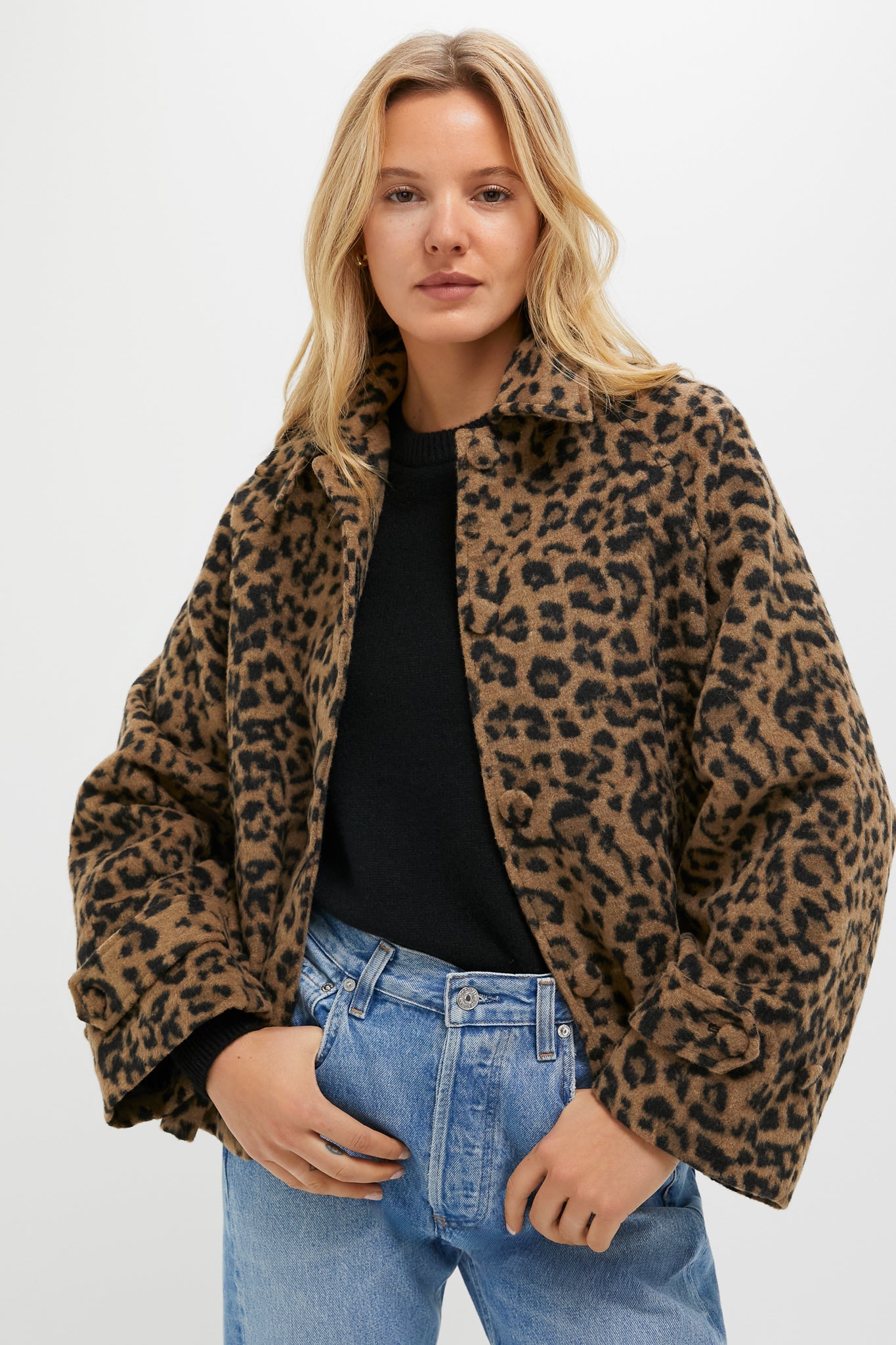 Brushed Wool Leopard Drew Short Trench Coat