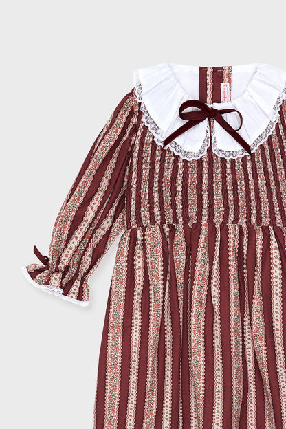 Burgundy Floral Stripe Festa Girl Hand-Smocked Dress