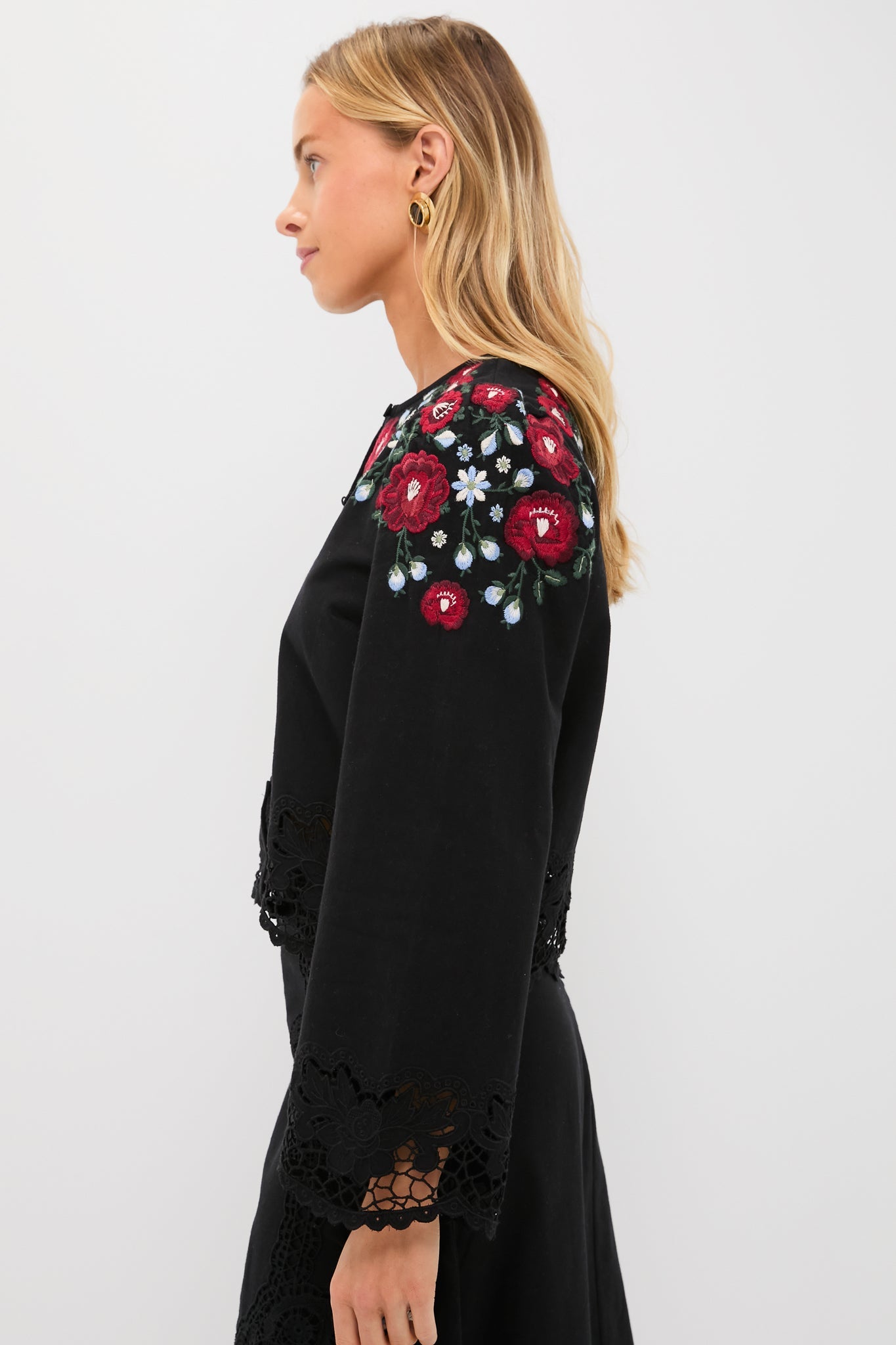 Black Rosaline Embroidery Long Sleeve Button Up Top