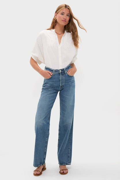 French Knot Floral Sand Mandarin Collar Top