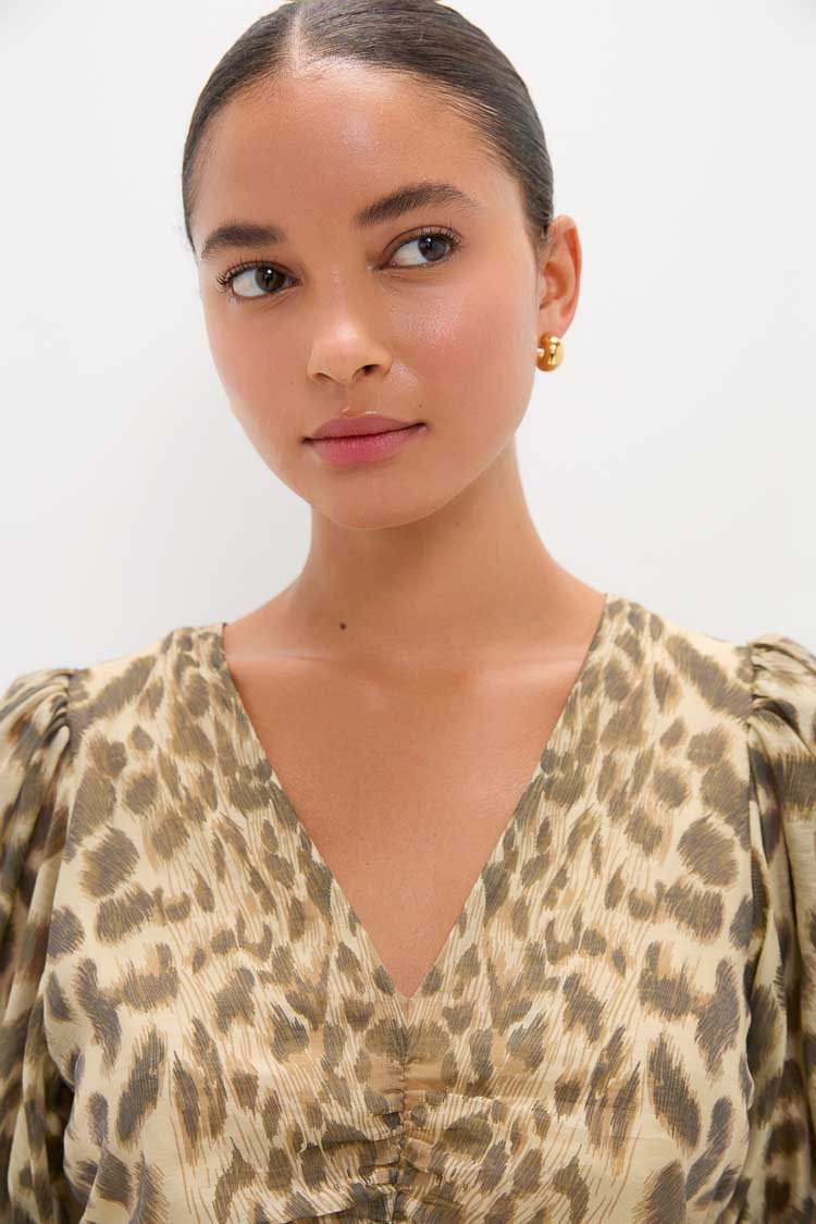 Cream Claude Print Puff Sleeve Midi Dress