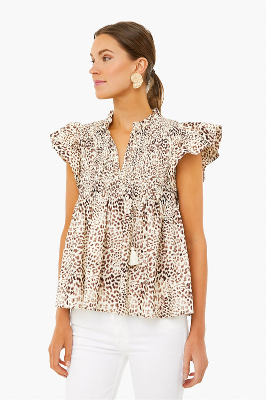 Day Calla Cheetah Flutter Sleeve Smocked Top