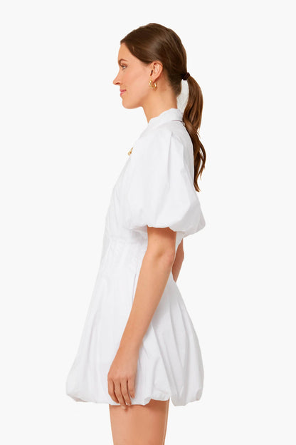 White Cleo Core Pleated Poplin Balloon Pintuck Mini Dress