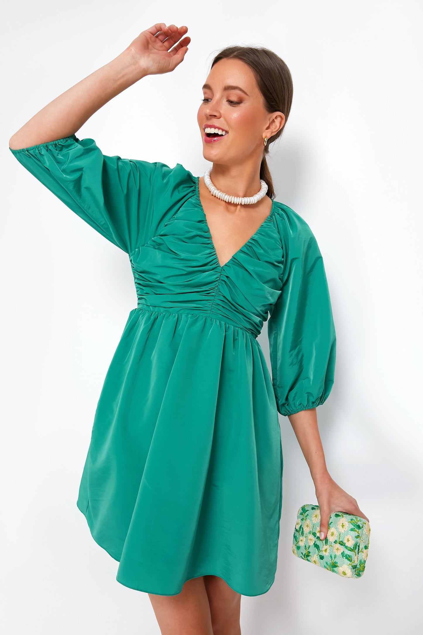 Green Ruched V-Neck Genevieve Mini Dress