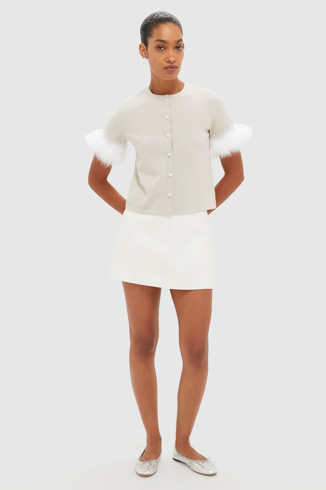 Beige Miss Kitty Short Sleeve Cardigan with Detachable Feathers
