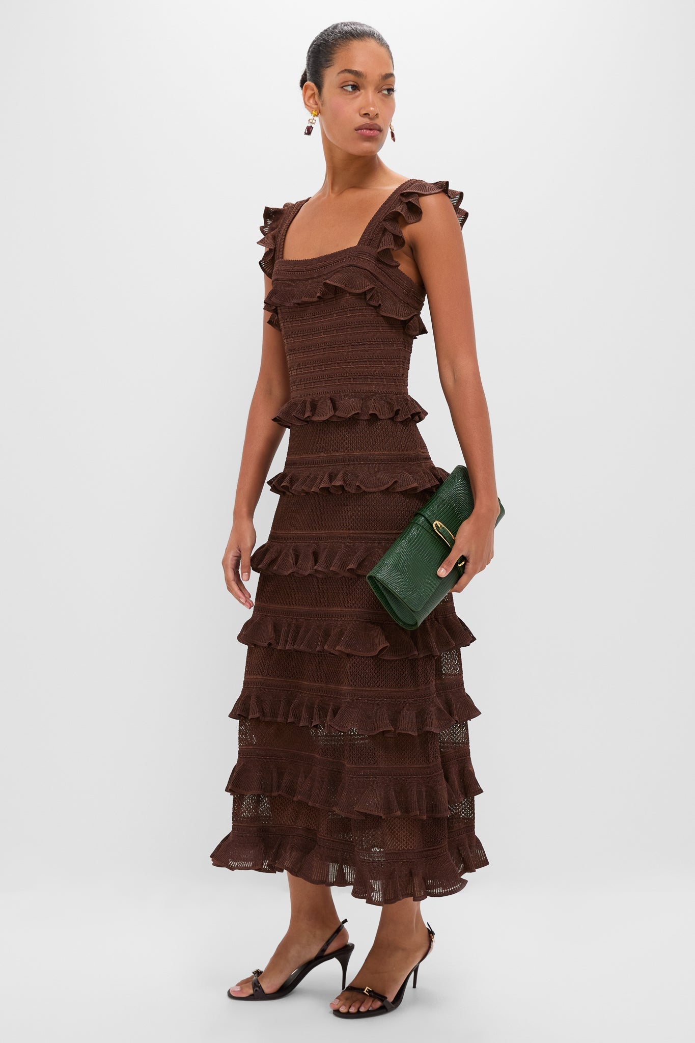 Metallic Chocolate Hypnotic Lace Frill Midi Dress