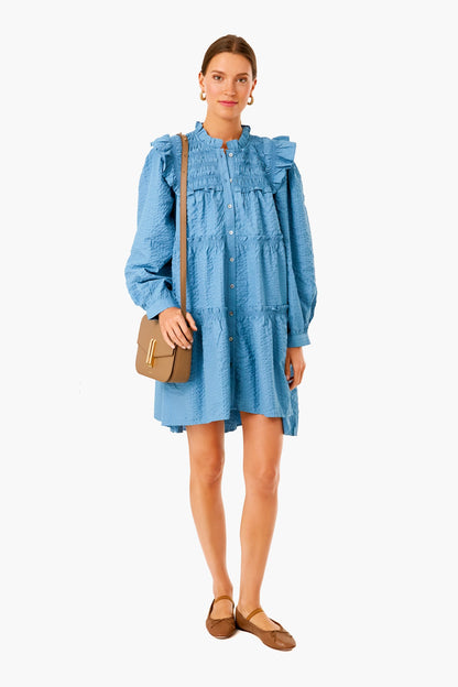 Blue Sevyn Solid Seersucker Button Down Dress