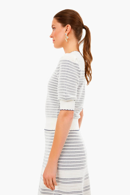French Cream Striped Scallop Sweater