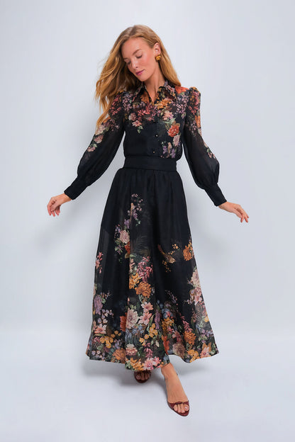 Black Multi Floral Pavilion Tie Neck Blouse