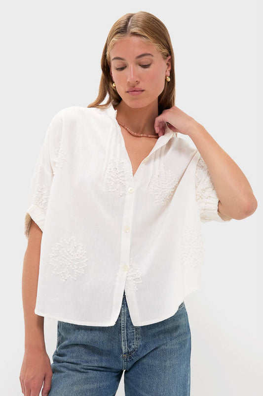 French Knot Floral Sand Mandarin Collar Top