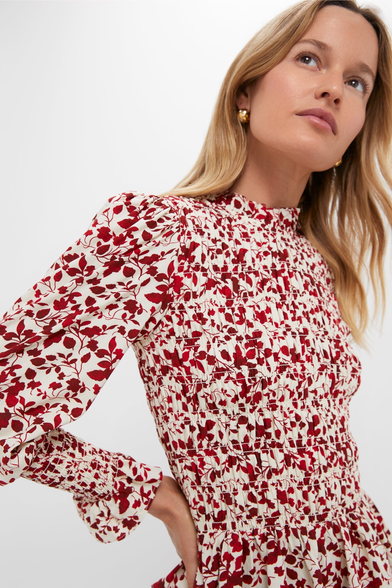 Red and Cream Floral Smocked Cynthia Blouse