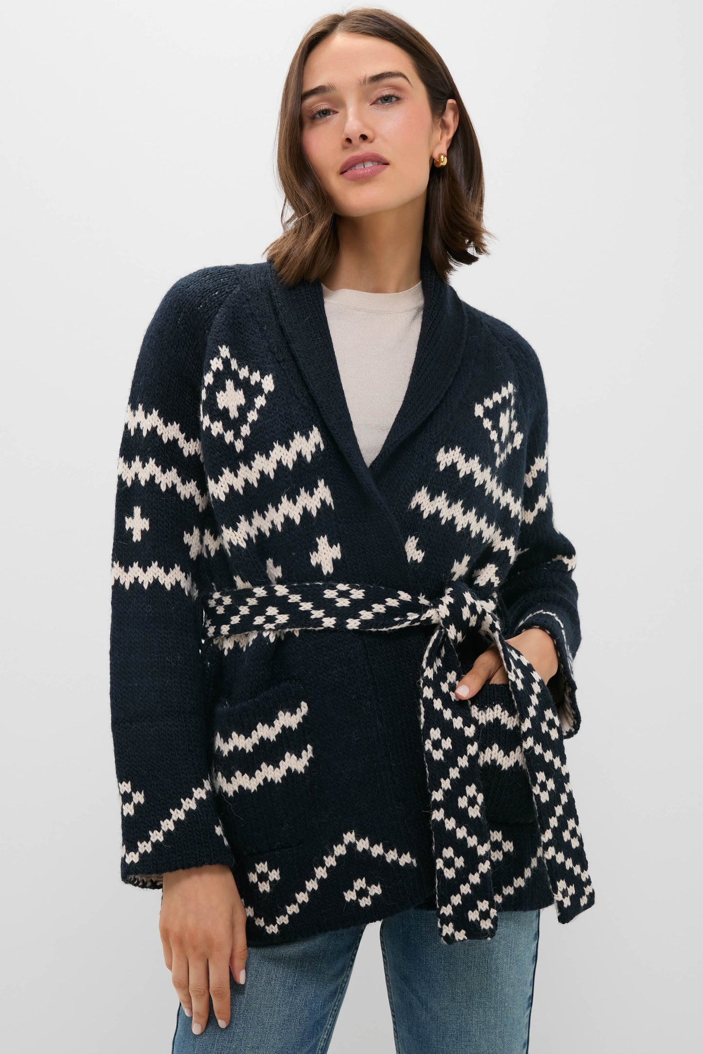 Navy and Cream Reversible Shepherd Cardigan