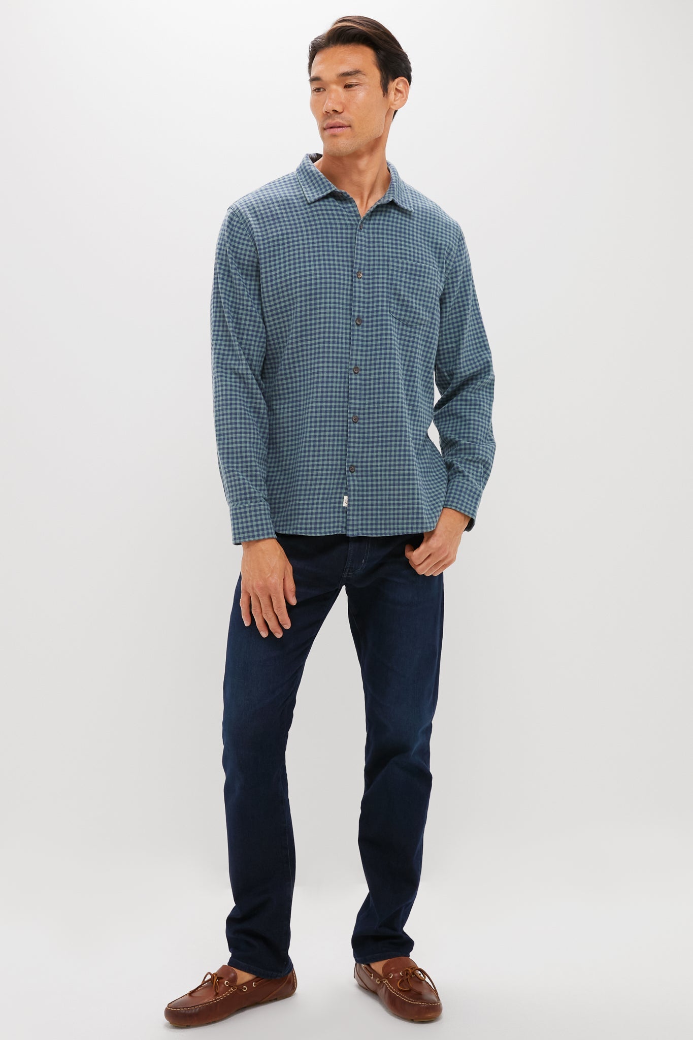 Navy Green Gingham Stretch Selvage Shirt