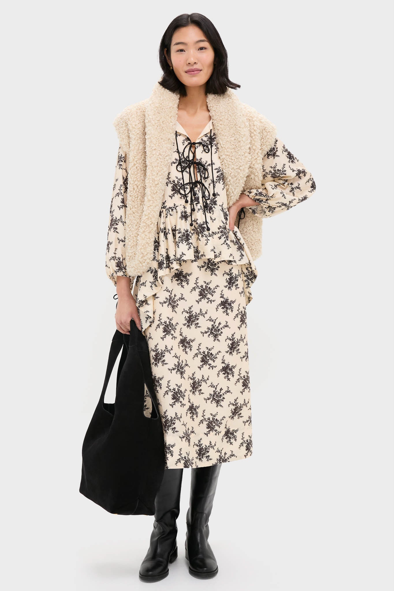 Cream Joan Print Tie Front Midi Dress